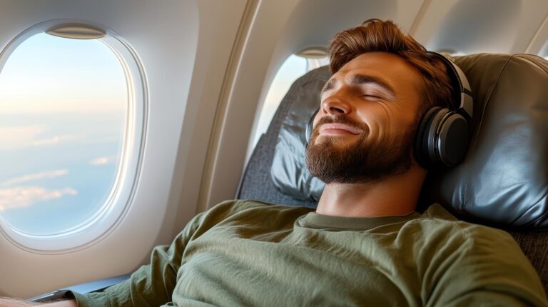 Rejsende på et fly, der ser afslappet og glad ud og viser, at han har det godt under flyveturen.