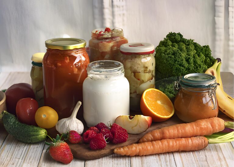 Et farverigt arrangement af fermenterede fødevarer som yoghurt, kefir, kimchi og friske frugter og grøntsager.
