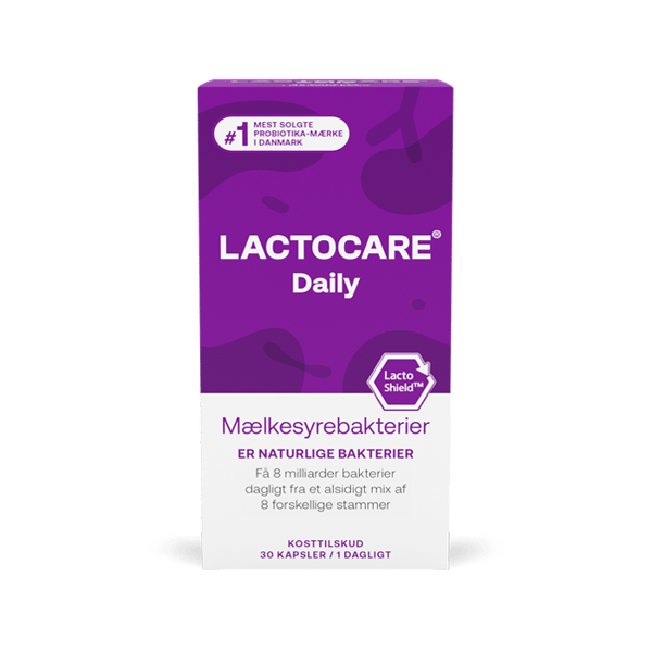 Lactocare Daily mælkesyrebakterier til forbedring af tarmbalancen, irritabel tarm, oppustet mave og ondt i maven (30 stk)