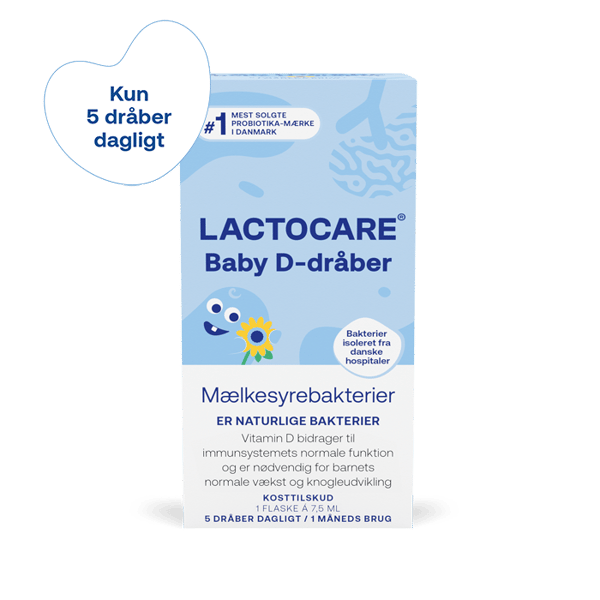 Lactocare Baby mest solgte D-dråbe med mælkesyrebakterier i Danmark. God ved kolik.