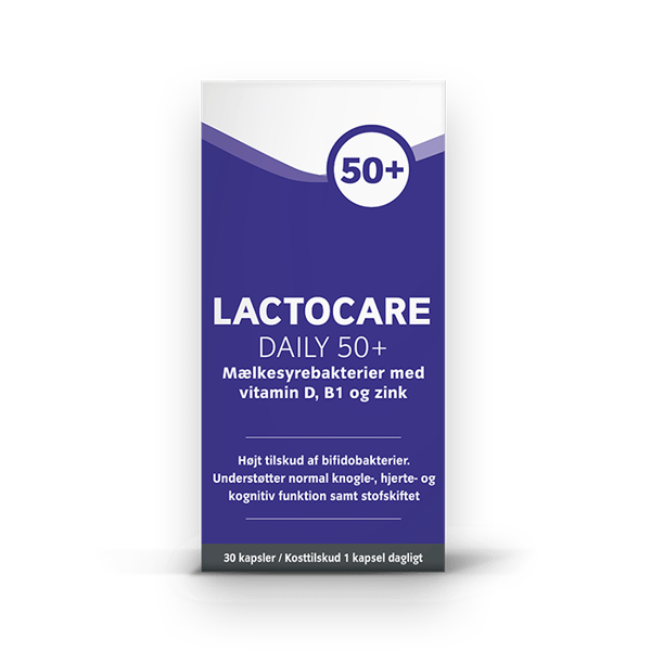 Lactocare Daily 50+ mælkesyrebakterier til dig over 50 år med ekstra bifidobakterier for bedre tarmbalance og velvære. 30 stk