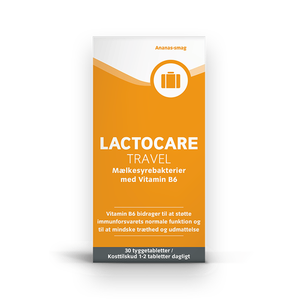 Lactocare Travel mest solgte mælkesyrebakterier til rejsen. Forebyg feriemave (30 stk)