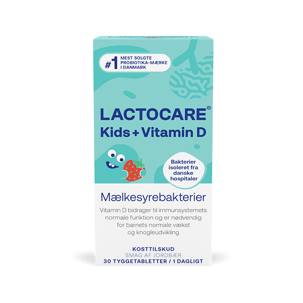 Lactocare Kids+D mælkesyrebakterier med D-vitamin til børn med ondt i maven (30 stk)