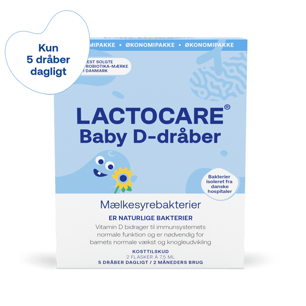 Lactocare Baby mest solgte D-dråbe med mælkesyrebakterier i Danmark. God ved kolik.