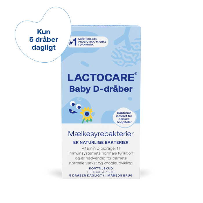 Lactocare Baby mest solgte D-dråbe med mælkesyrebakterier i Danmark. God ved kolik.