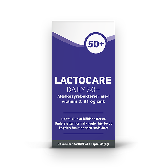 Lactocare Daily 50+ mælkesyrebakterier til dig over 50 år med ekstra bifidobakterier for bedre tarmbalance og velvære. 30 stk