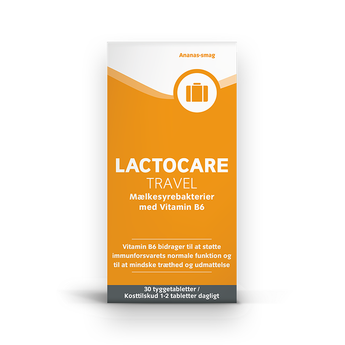 Lactocare Travel mest solgte mælkesyrebakterier til rejsen. Forebyg feriemave (30 stk)