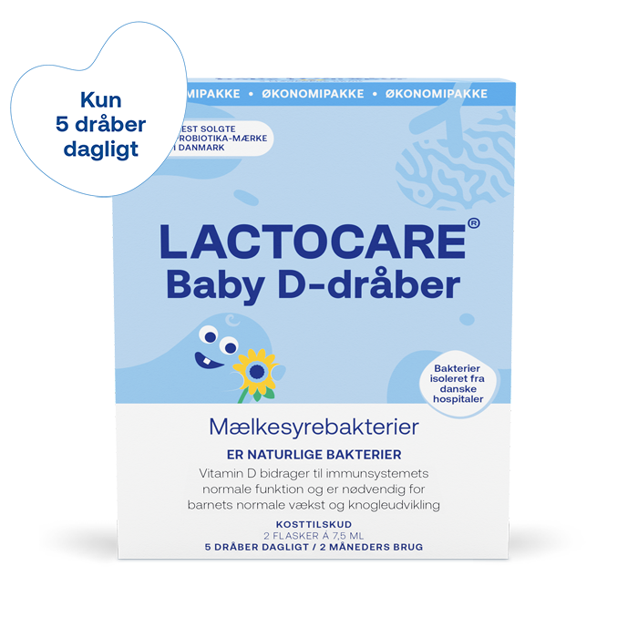 Lactocare Baby mest solgte D-dråbe med mælkesyrebakterier i Danmark. God ved kolik.