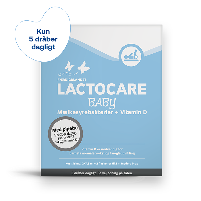 Lactocare Baby mest solgte D-dråbe med mælkesyrebakterier i Danmark. God ved kolik.
